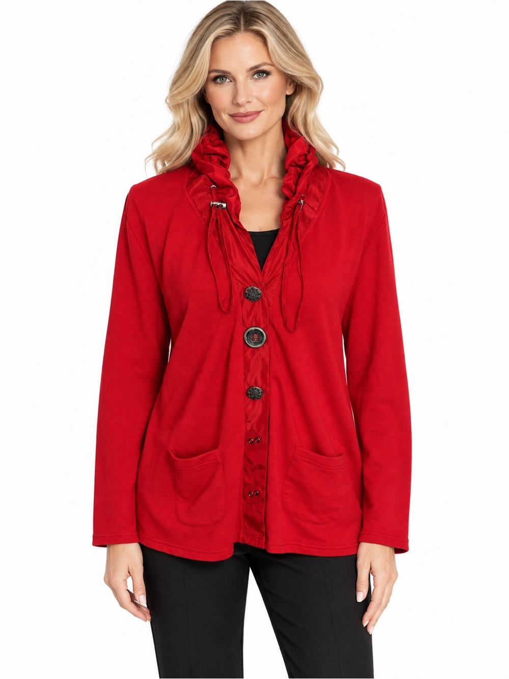 Compliments Large Red Ruffle Collar Snap Front Jacket Pockets